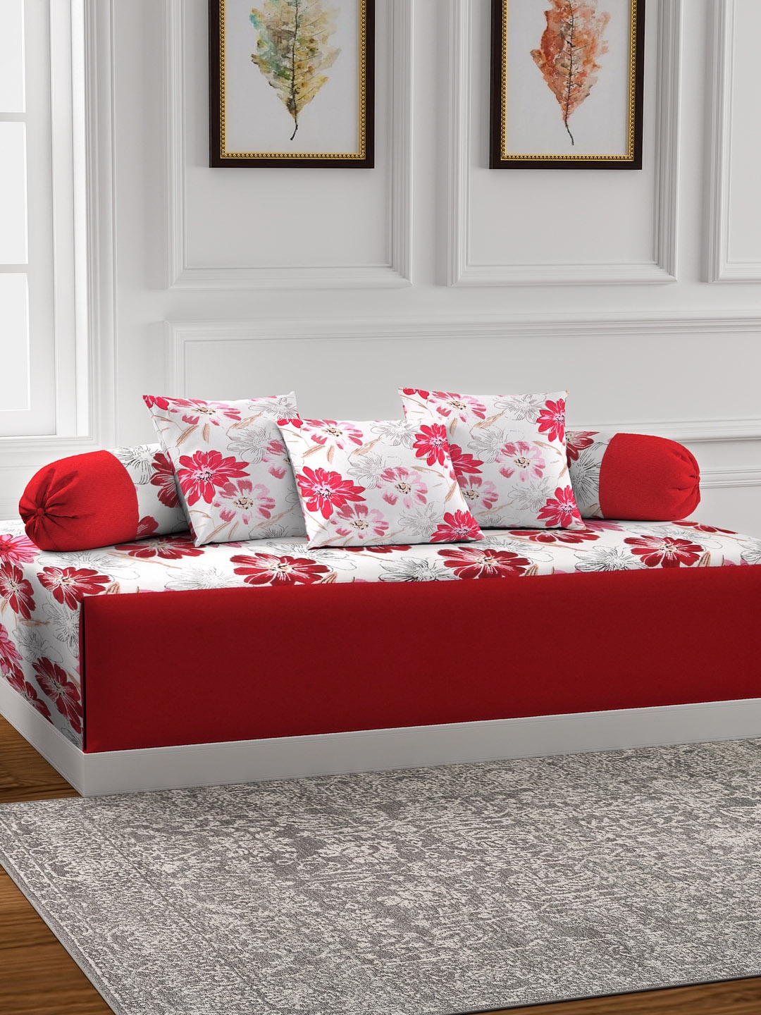 

Soumya White & Red Floral Print Diwan Set with Bolster & Cushion Covers