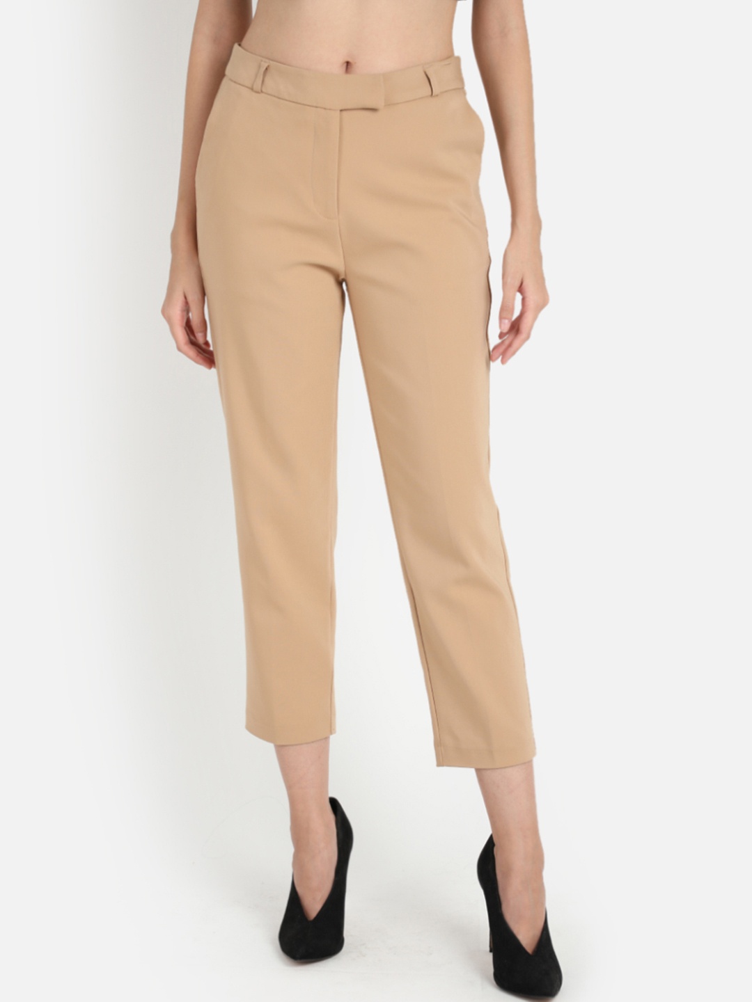 

COVER STORY Women Beige Regular Fit Solid Crop Cigarette Trousers