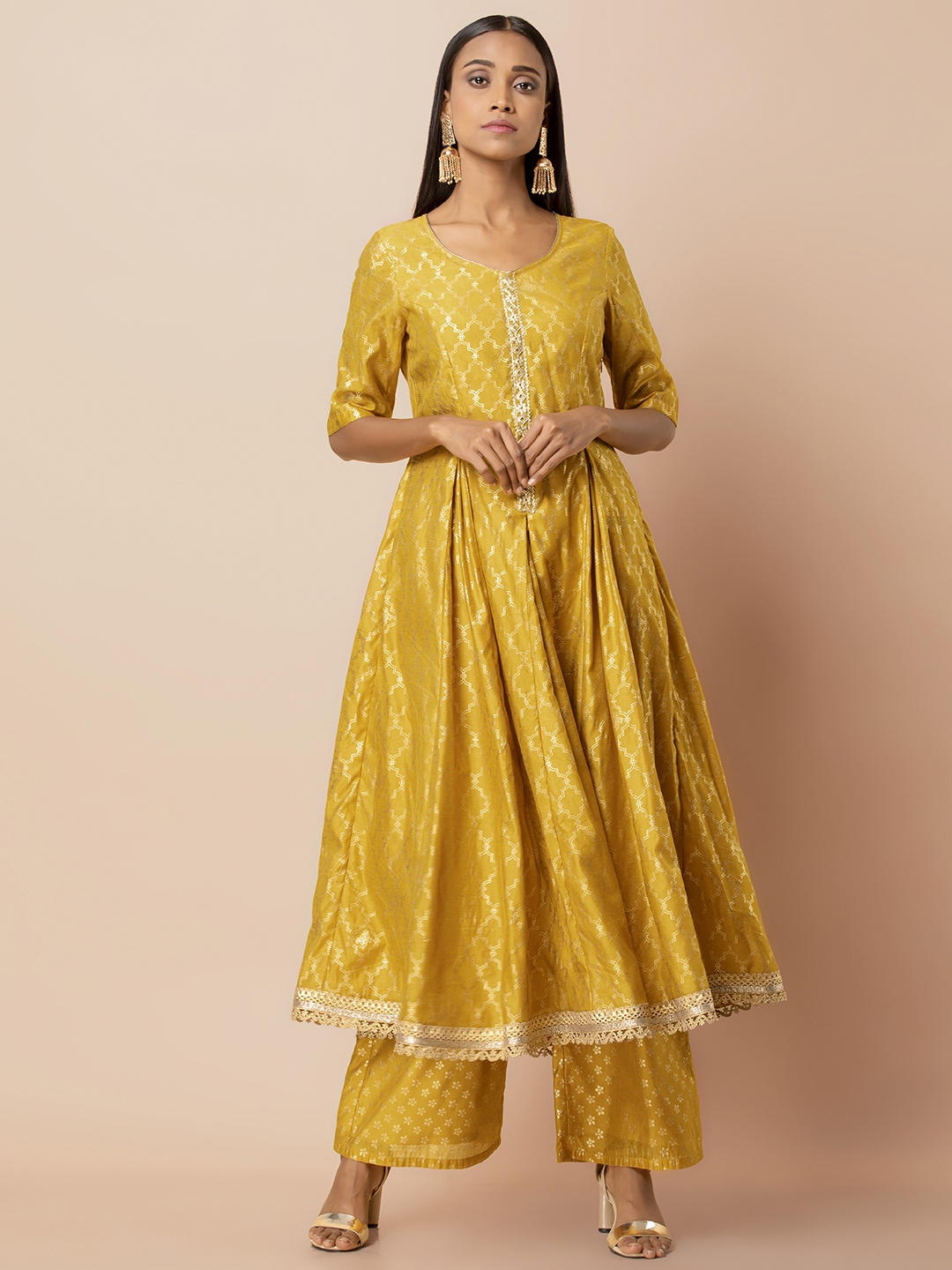

INDYA Women Mustard Yellow & Golden Printed Anarkali Kurta