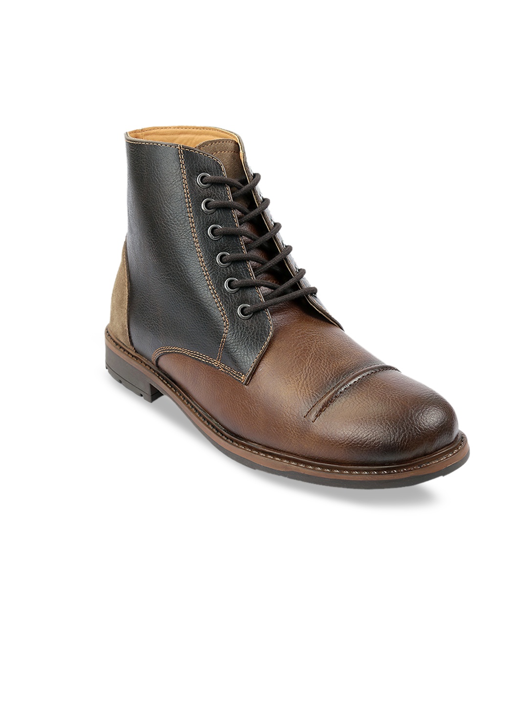 

SHENCES Men Tan Brown Leather Flat Boots