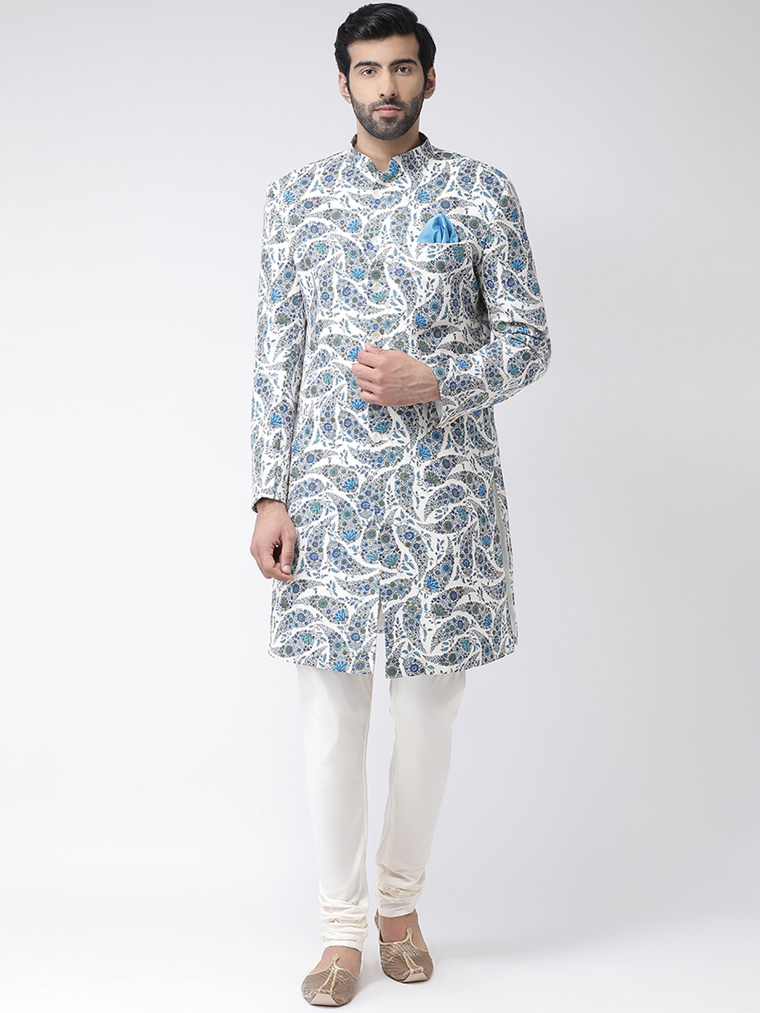 

KISAH Men Blue & Off-White Handloom Printed Sherwani