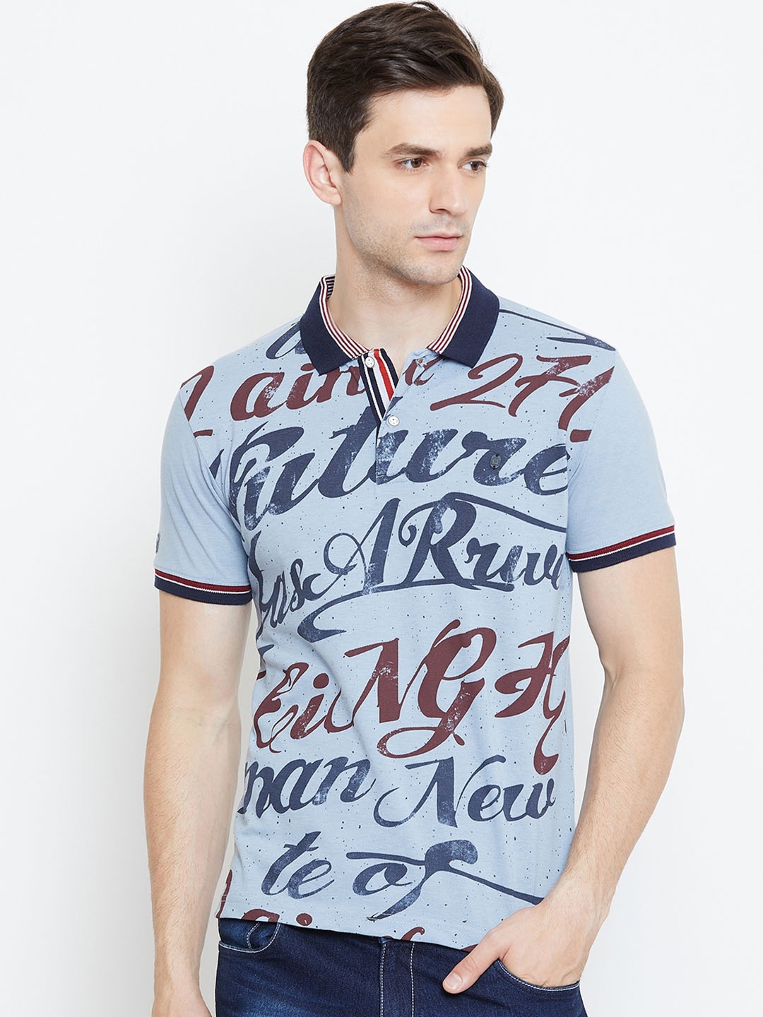 

Duke Men Blue & Brown Printed Polo Collar T-shirt