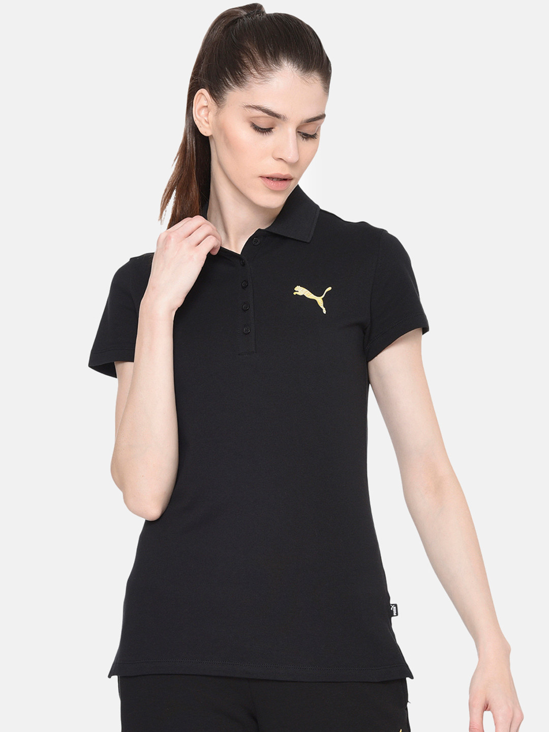 

Puma Women Black Graphic Polo Collar T-shirt