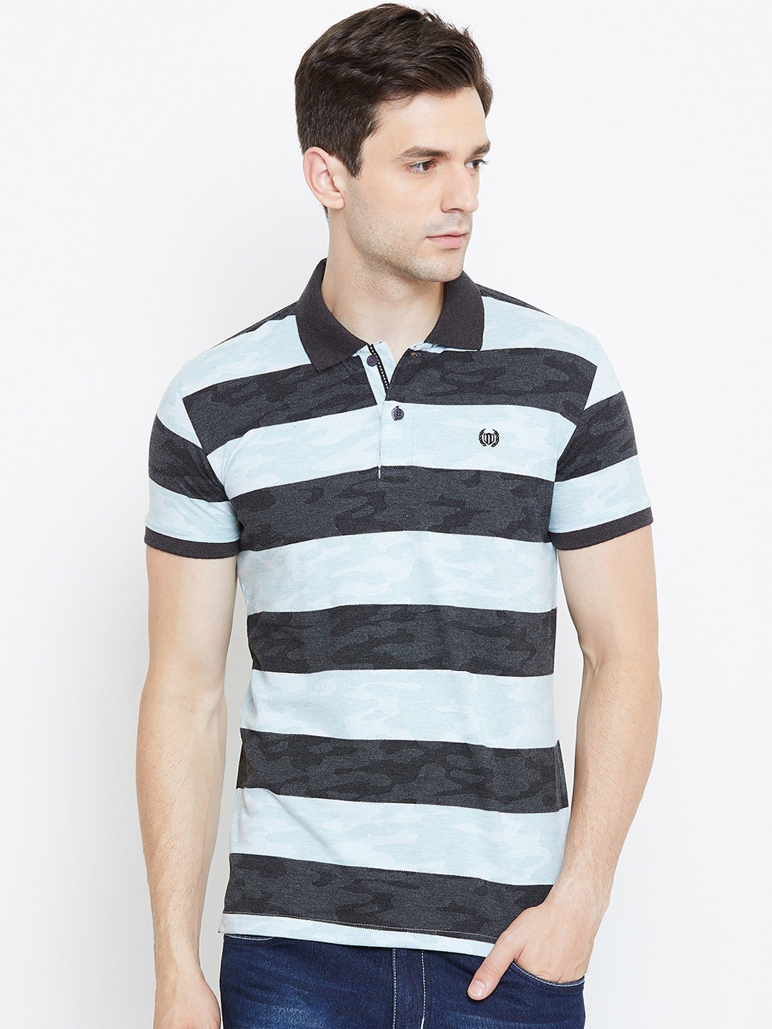 

Duke Men Grey & Blue Printed Polo Collar T-shirt