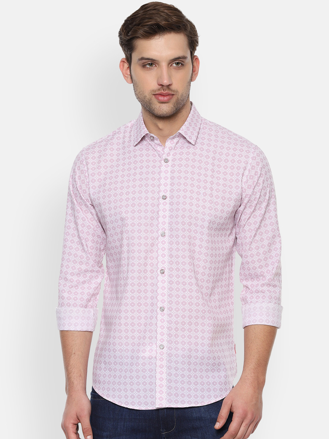 

V Dot Men Pink & White Slim Fit Printed Casual Shirt