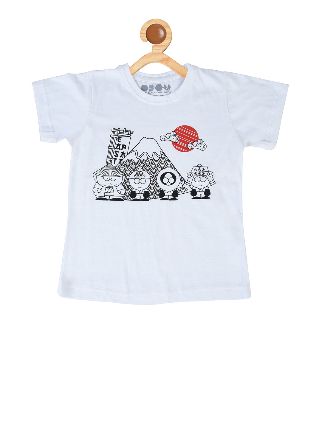 

OBOW Boys White Black Printed Round Neck Pure Cotton T-shirt