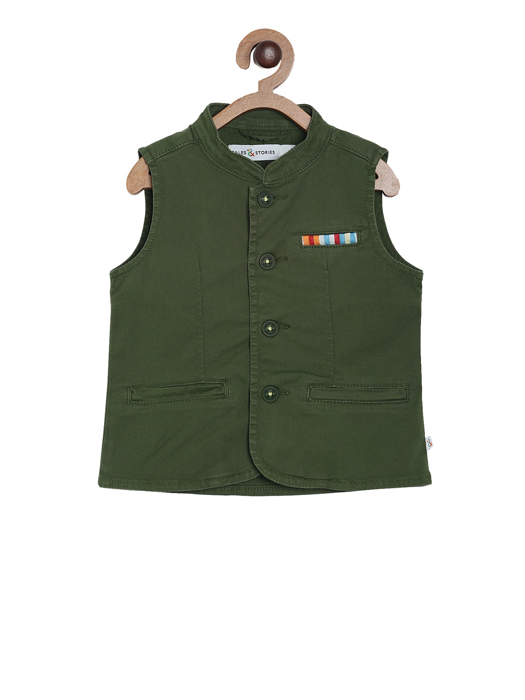

Tales & Stories Boys Olive Green Solid Regular Fit Pure Cotton Waistcoat