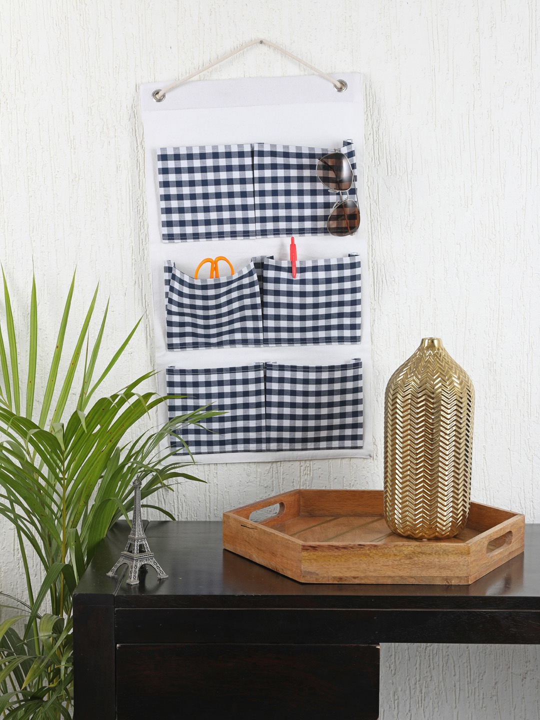 

My Gift Booth Navy Blue & White Checked Multi-Utility Wall Hanging Organiser