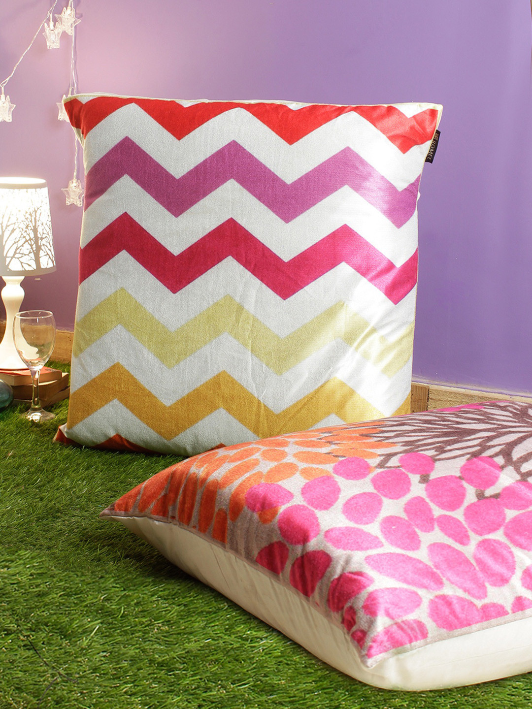 

ROMEE Pink & White Set of 2 Geometric Square Cushion Covers With Velvet Finish