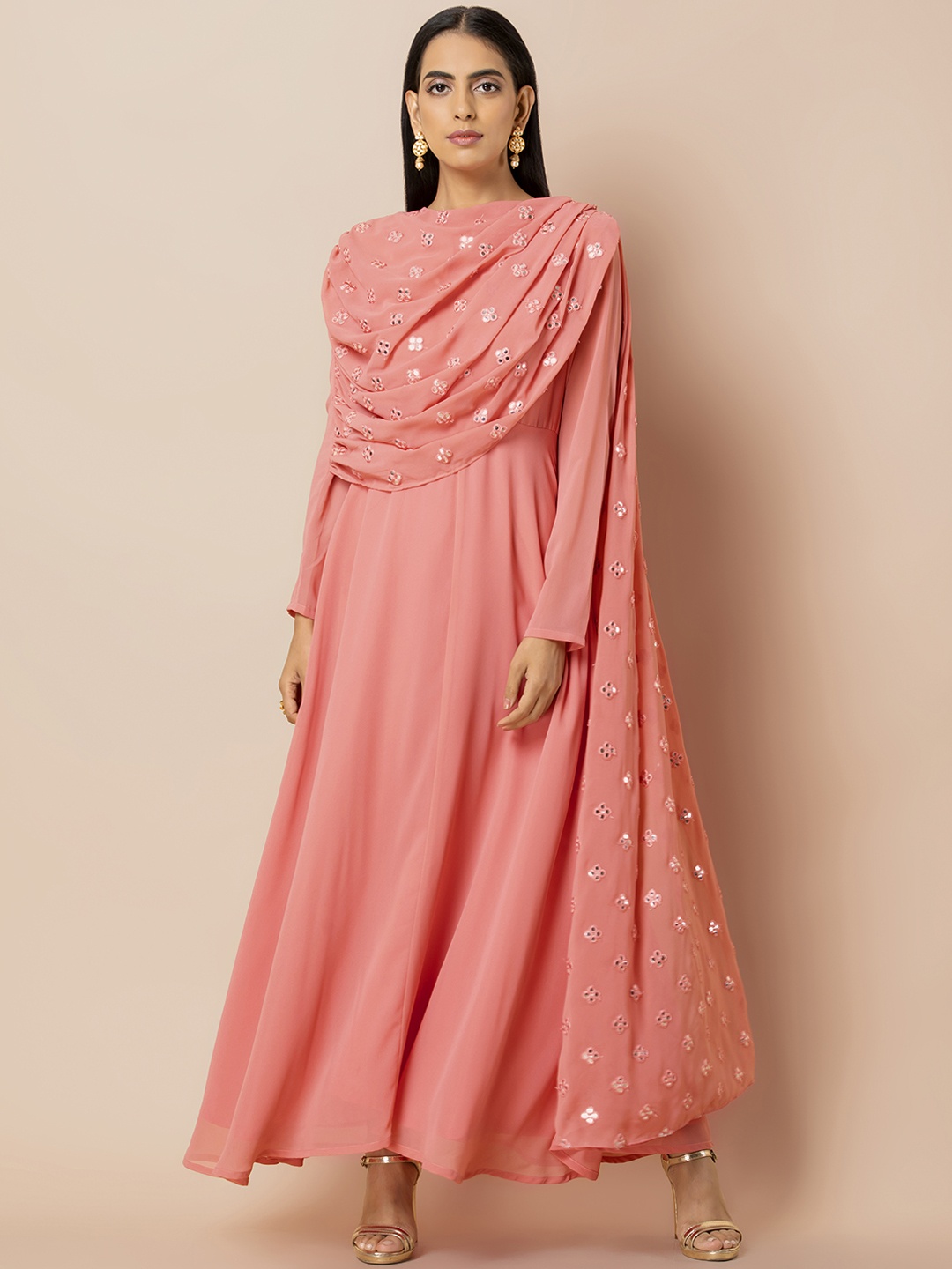 

INDYA Women Coral Pink Solid Anarkali Kurta with Attached Dupatta