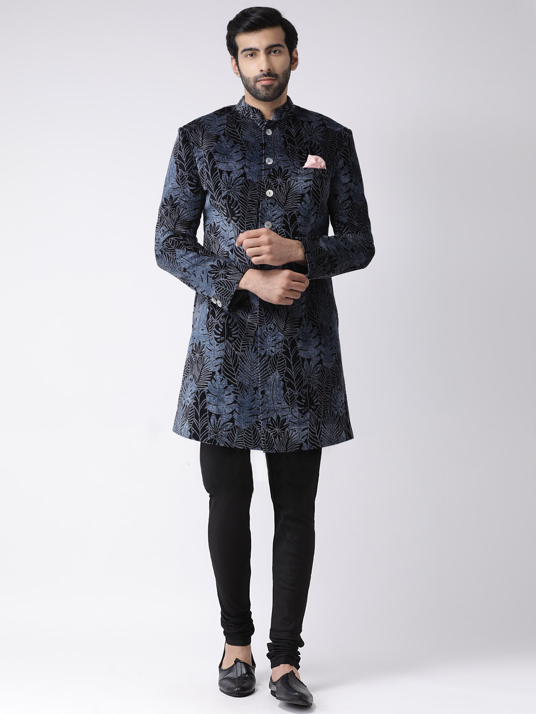 

KISAH Men Blue & Black Printed Indowestern Sherwani & Churidar With Velvet Finish