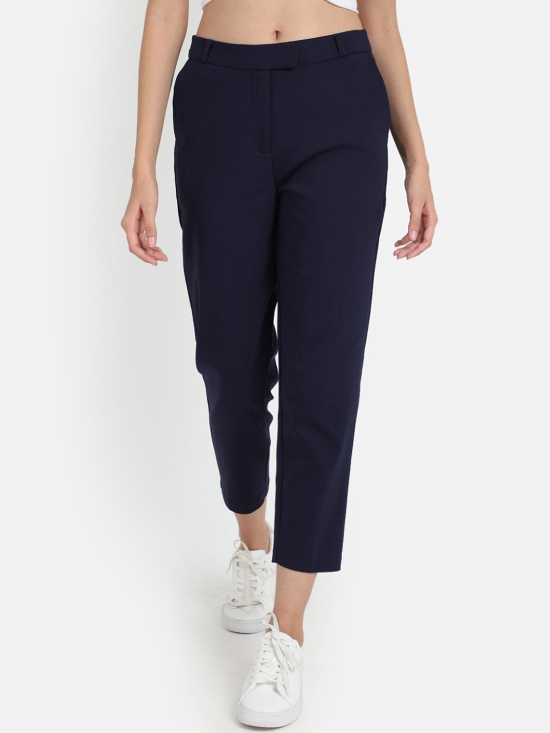 

COVER STORY Women Navy Blue Regular Fit Solid Crop Cigarette Trousers