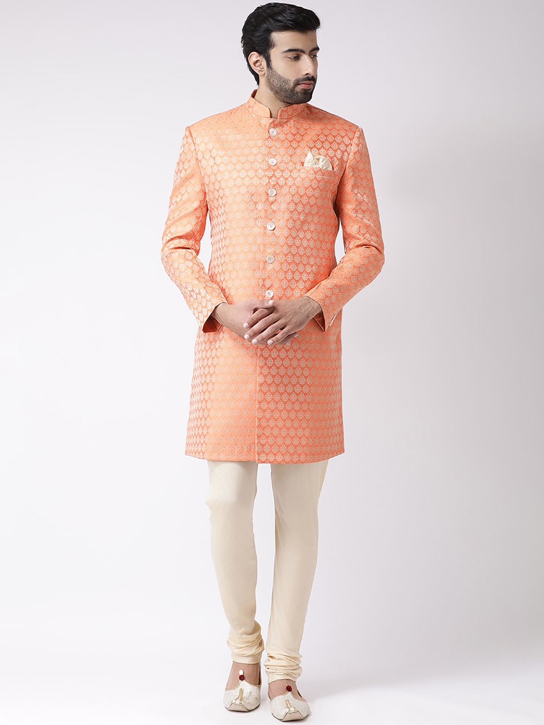 

KISAH Men Brocade Woven Design Indowestern Sherwani, Peach