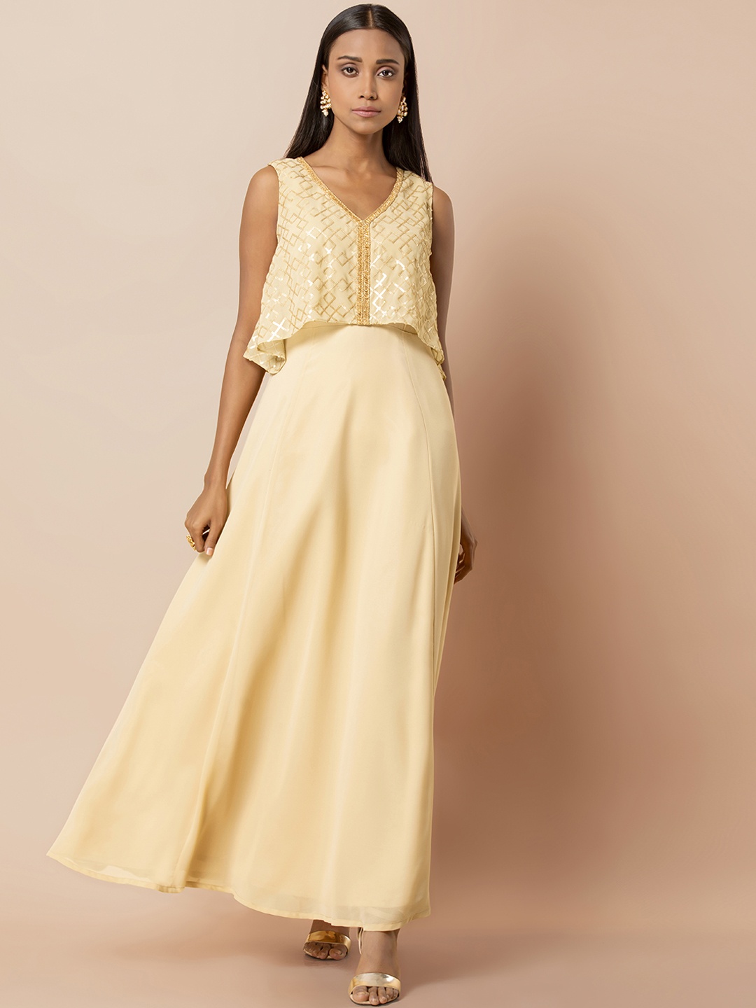 

INDYA Women Beige Solid Maxi Dress with Sequinned Detail
