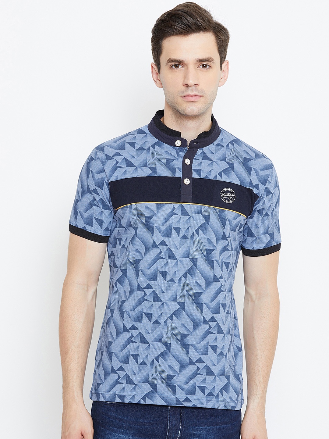 Duke Men Blue Printed Mandarin Collar T-shirt