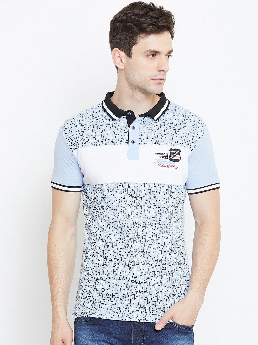 

Duke Men Blue & Black Printed Polo Collar T-shirt