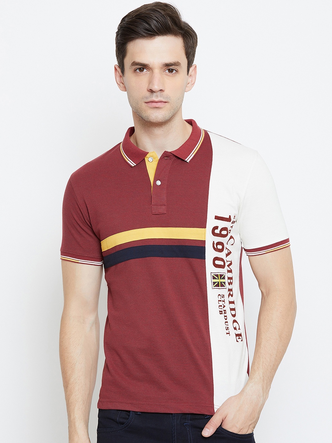 

Duke Men Rust Red & White Colourblocked Polo Collar T-shirt