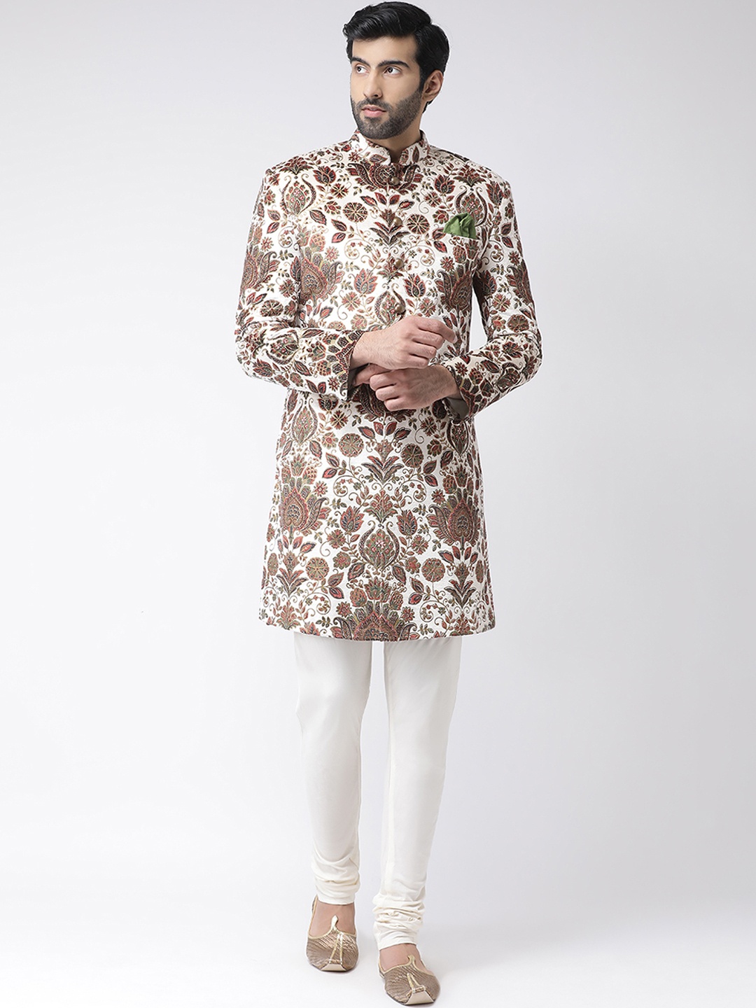 

KISAH Men Off-White & Brown Printed Indowestern Sherwani With Velvet Finish