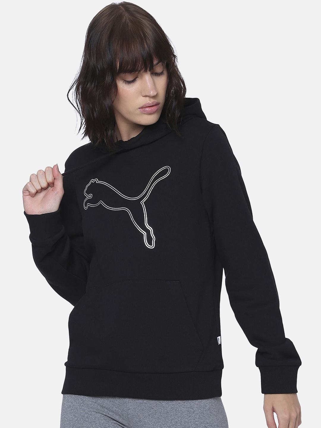 

Puma Women Black Self Design Hooded Double Cat Foil Sweatshirt