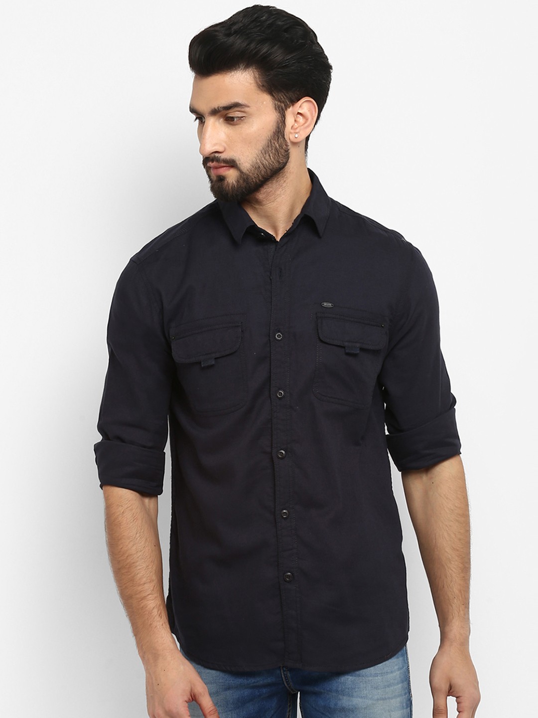 

Mufti Men Navy Blue Slim Fit Solid Casual Shirt