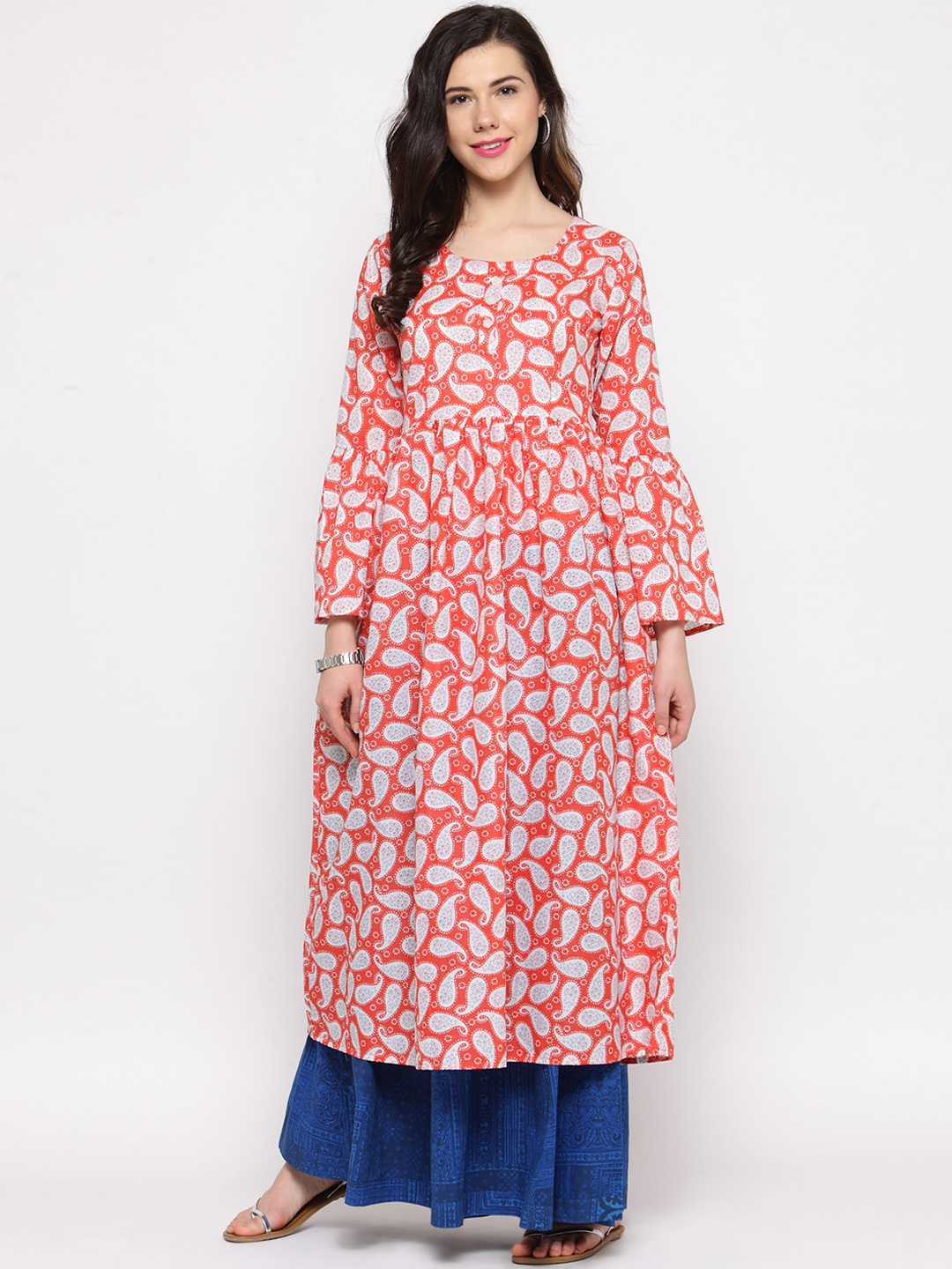 

Sera Women Coral Pink & White Printed A-Line Kurta