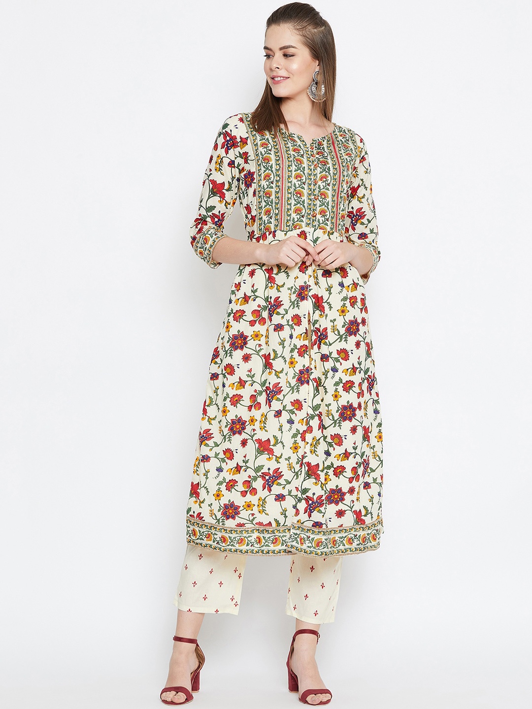

Prakhya Women Cream-Coloured & Green Printed Kurta with Trousers
