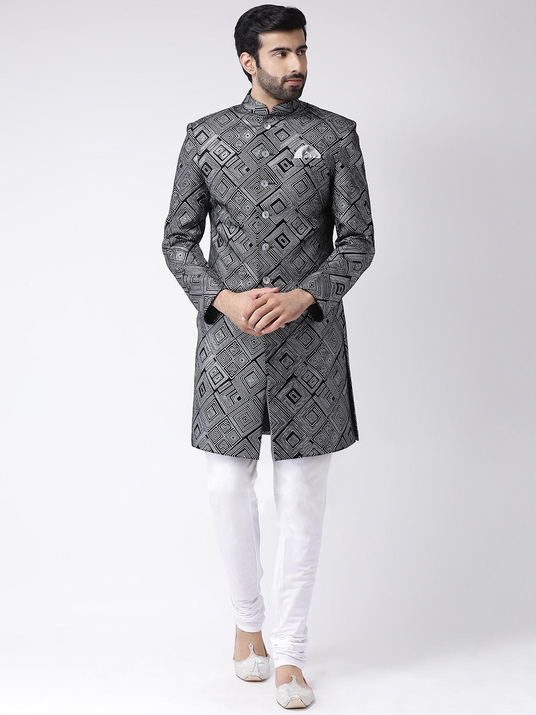 

KISAH Men Black & White Printed Indowestern Sherwani & Churidar With Velvet Finish