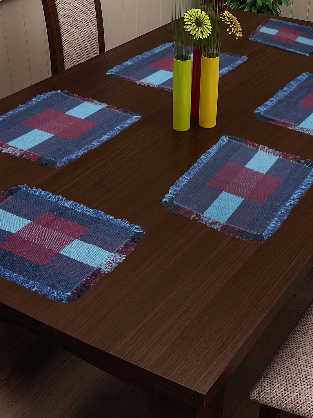 

KLOTTHE Blue & Burgundy Set of 6 Checked Table Placemats