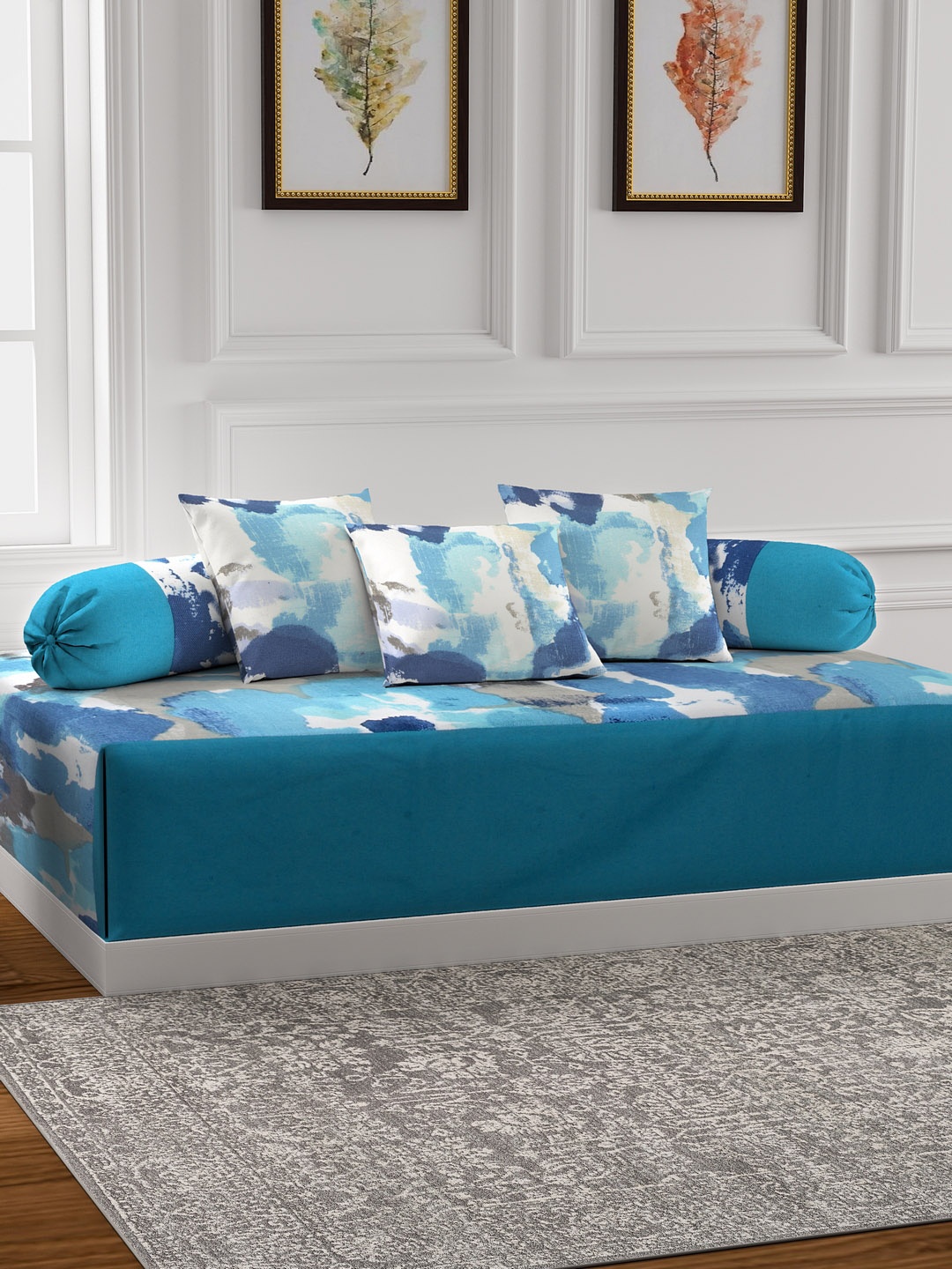 

Soumya Blue & White Abstract Print Diwan Set with Bolster & Cushion Covers