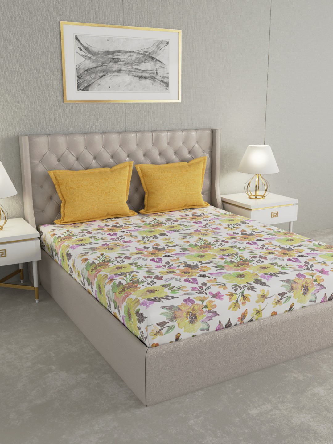 Boutique Living India Multicoloured Floral 300 TC Cotton 1 King Bedsheet with 2 Pillow Covers, Multi