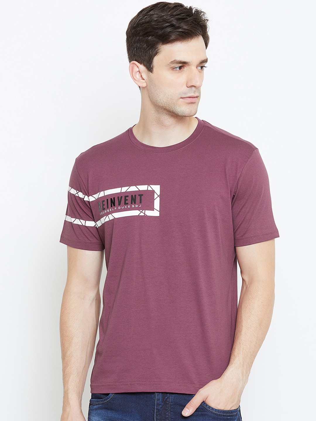 

Duke Men Purple & White Printed Round Neck T-shirt