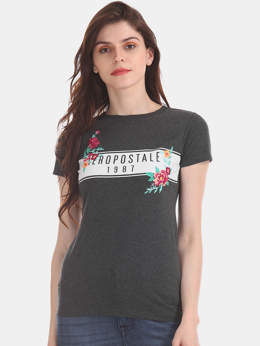 

Aeropostale Women Grey & White Printed Round Neck T-shirt