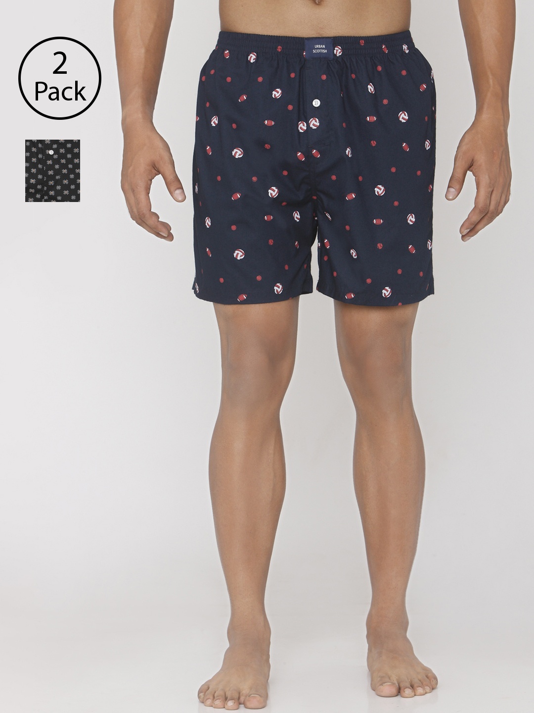 

URBAN SCOTTISH Men Pack of 2 Printed Cotton Boxers USBX1923, Black