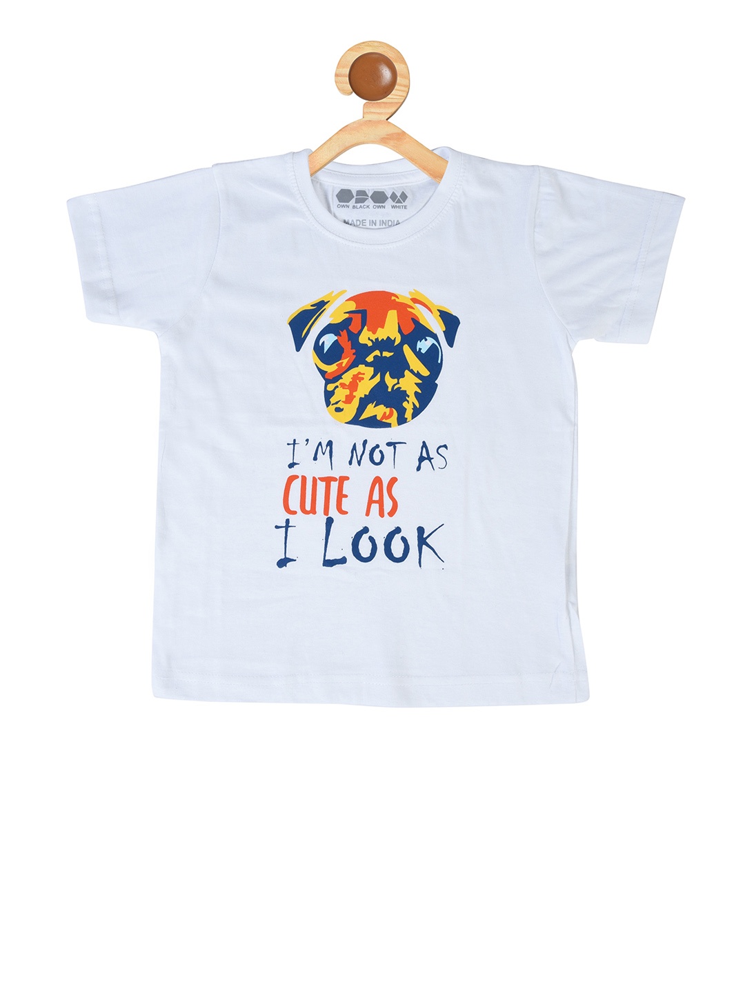 

OBOW Boys White Blue Printed Round Neck Pure Cotton T-shirt