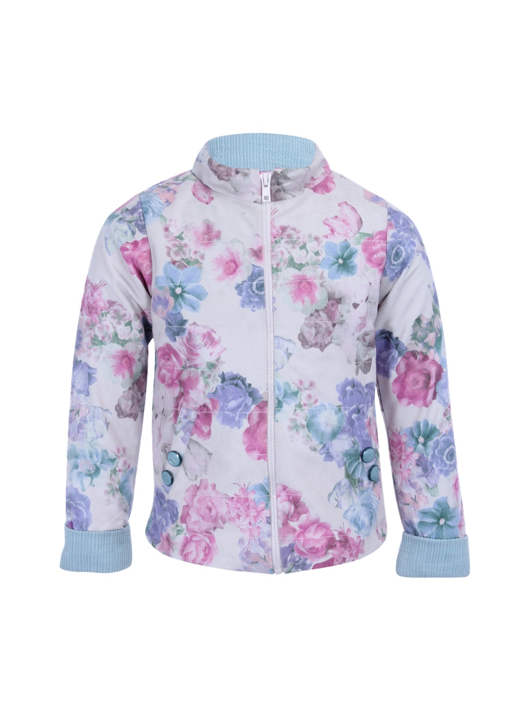 

CUTECUMBER Girls Off-White & Blue Printed Padded Jacket