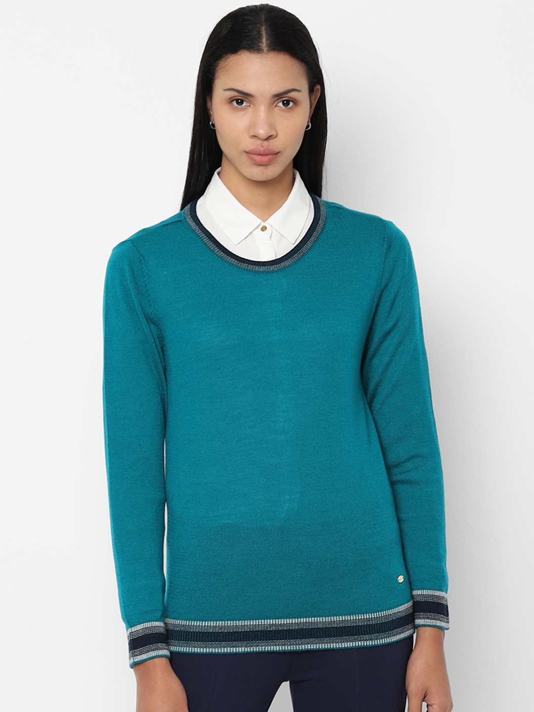 

Allen Solly Woman Teal Blue Solid Pullover Sweater