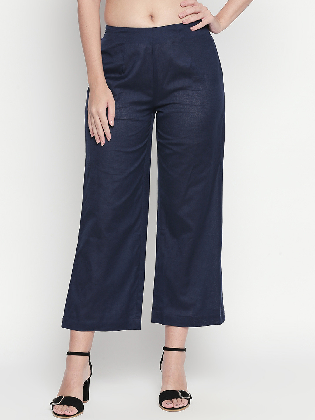 

RANGMANCH BY PANTALOONS Women Navy Blue Straight Fit Solid Parallel Trousers