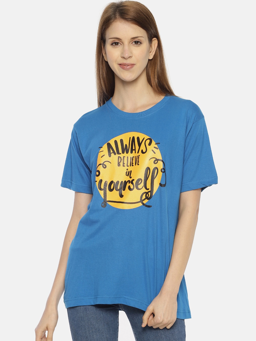 

OBOW Women Blue Yellow Printed Round Neck Pure Cotton T-shirt
