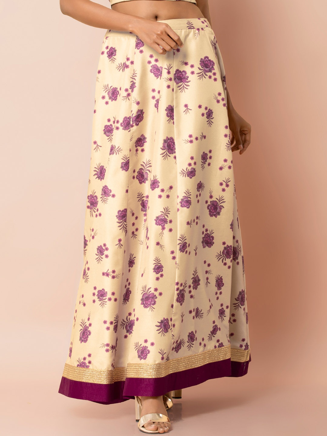 

INDYA Women Cream-Coloured & Purple Printed Maxi Flared Skirt