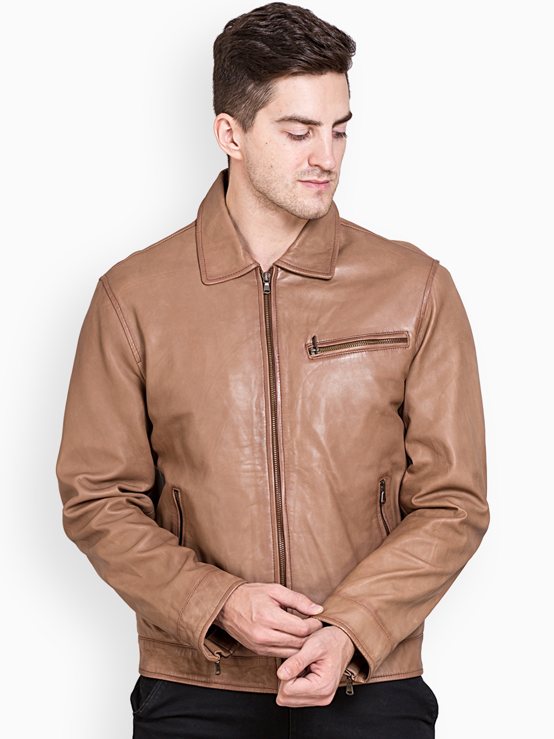

Justanned Men Tan Brown Solid Leather Jacket