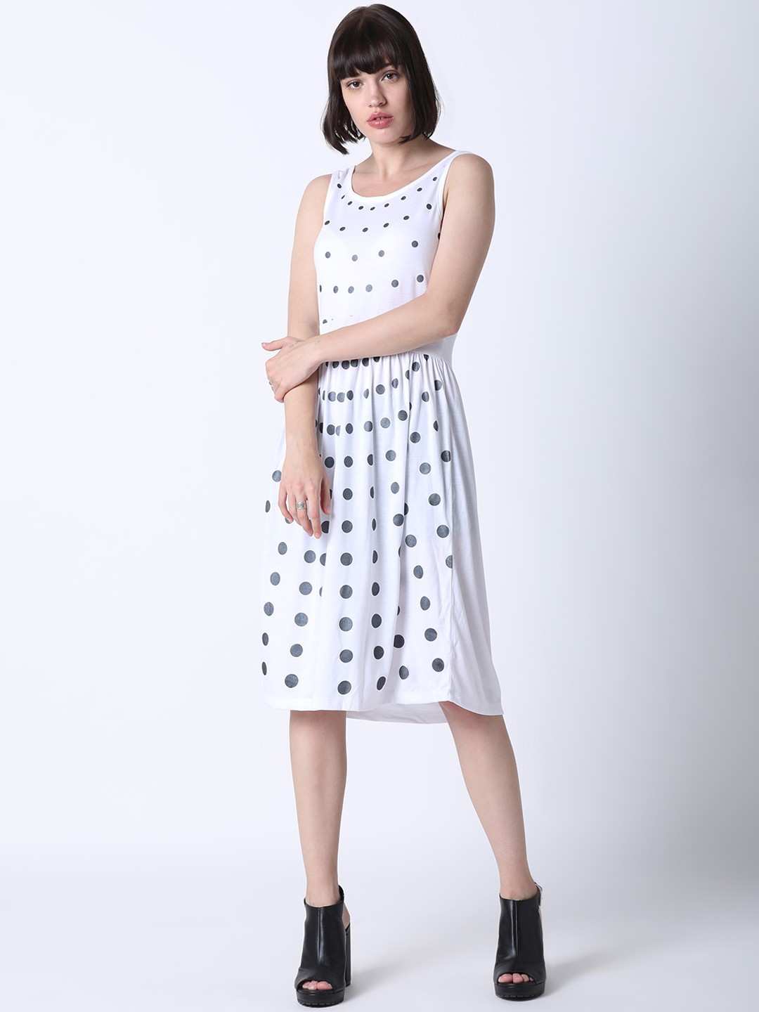 

Huetrap Women White & Grey Polka Dot Print Fit and Flare Dress