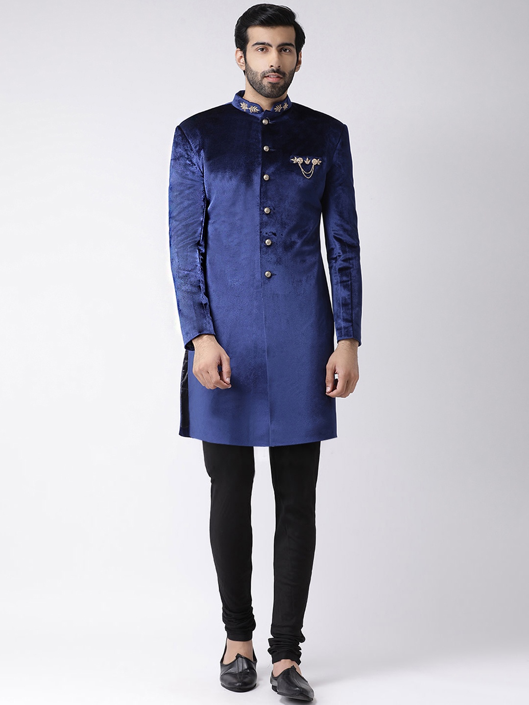 

KISAH Men Indowestern Sherwani & Churidar With Velvet Finish, Blue