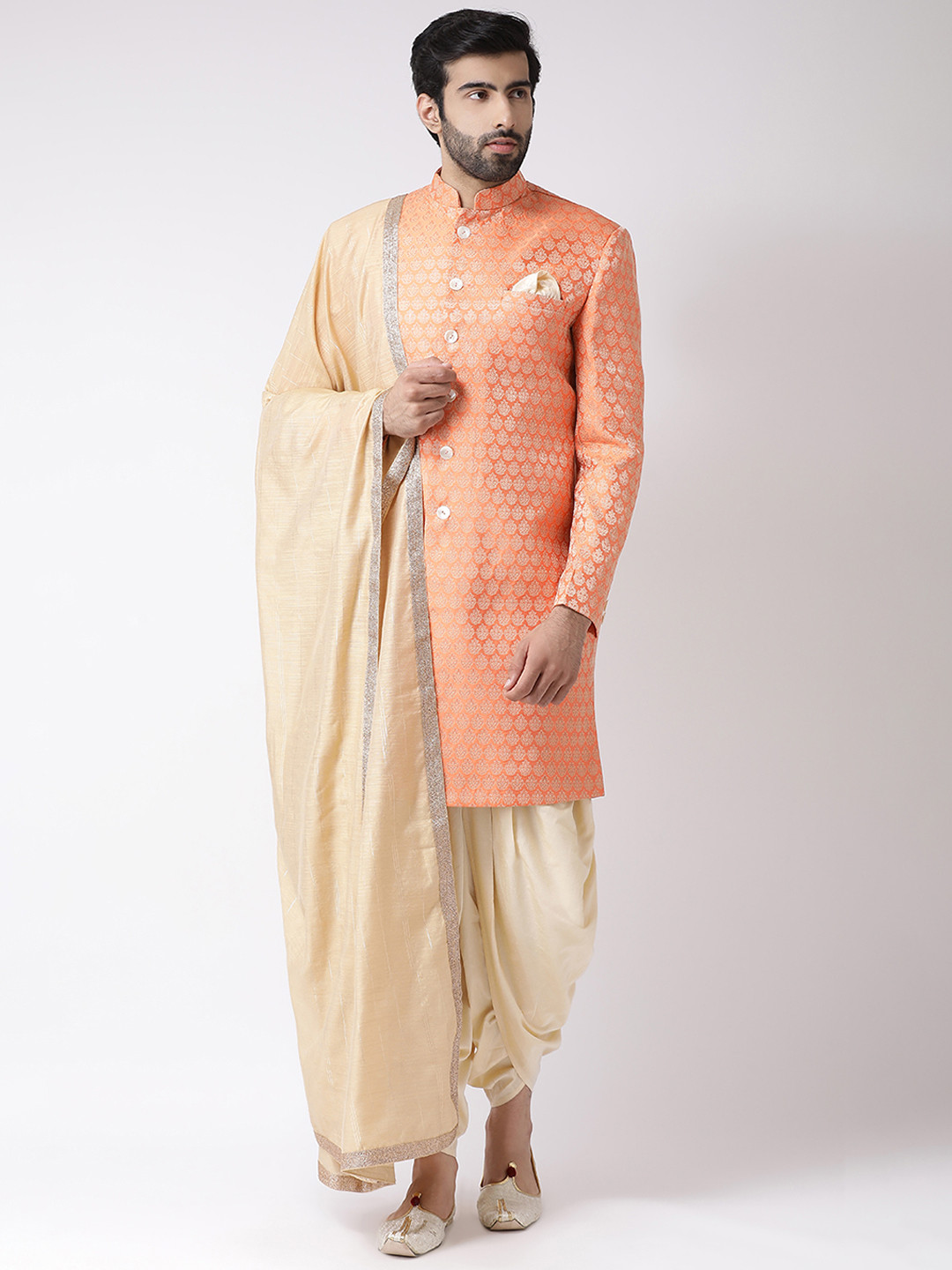 

KISAH Men Brocade Woven Design Indowestern Sherwani With Stole, Peach
