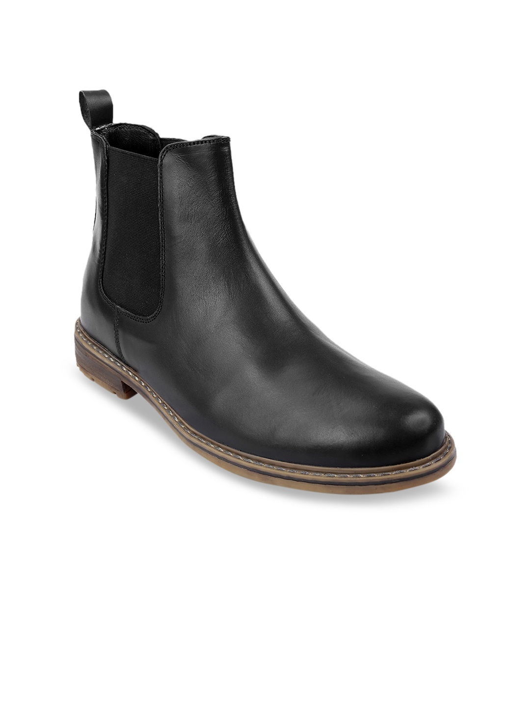 

SHENCES Men Black Solid Genuine Leather Mid-Top Lightweight Chelsea Boots
