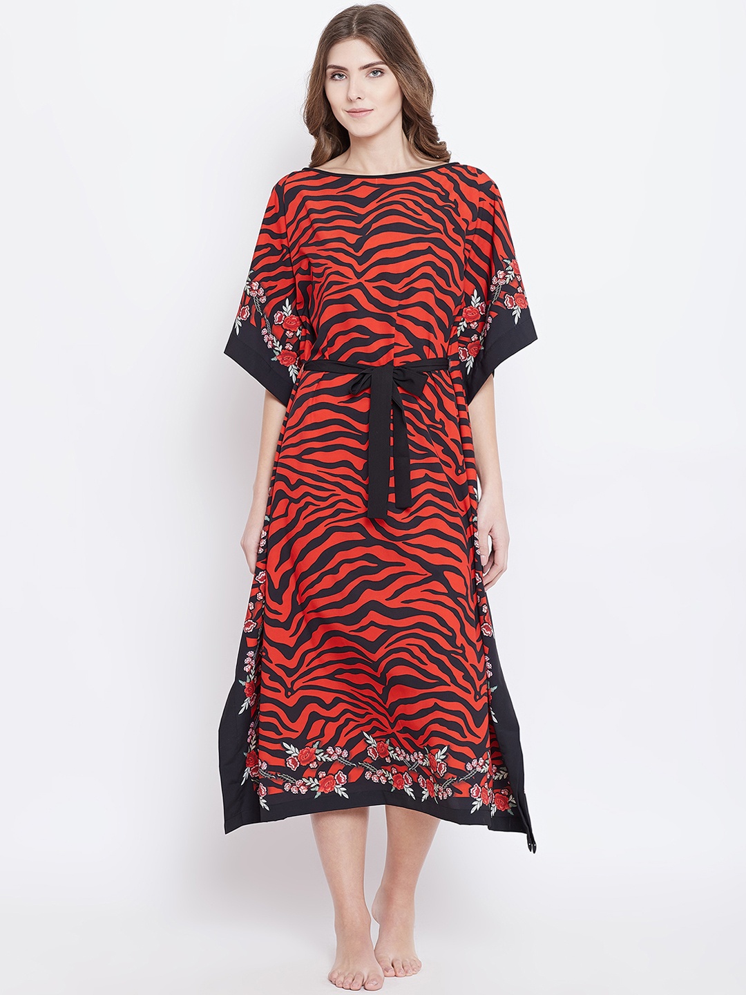 The Kaftan Company Red & Black Animal Printed Kaftan Nightdress