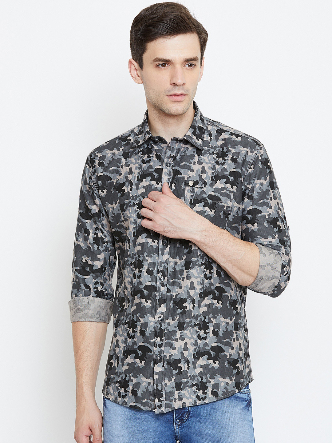 

Duke Men Grey & Black Slim Fit Printed Casual Shirt