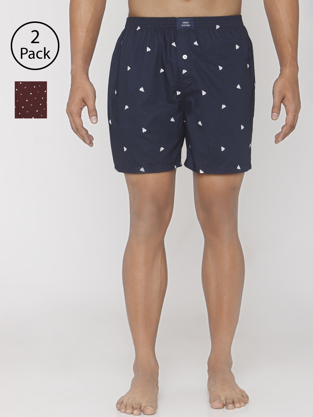 

URBAN SCOTTISH Men Pack of 2 Printed Cotton Boxers USBX1921, Navy blue