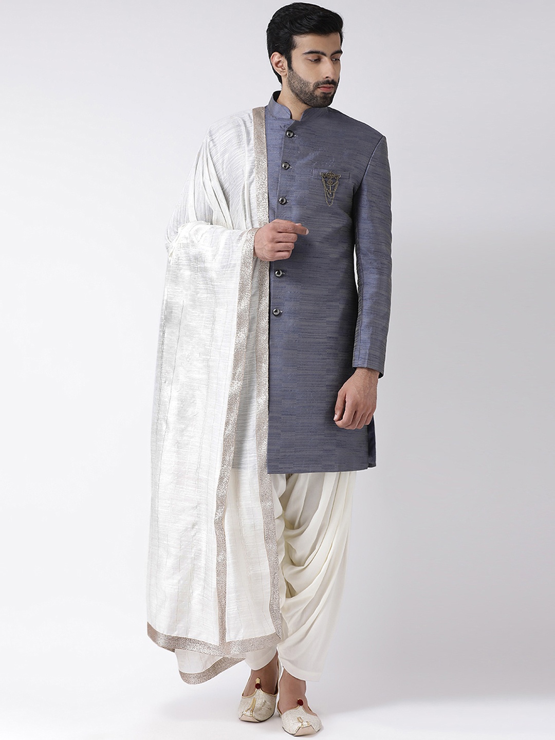 

KISAH Men Blue & Off White Woven Design Sherwani With Stole