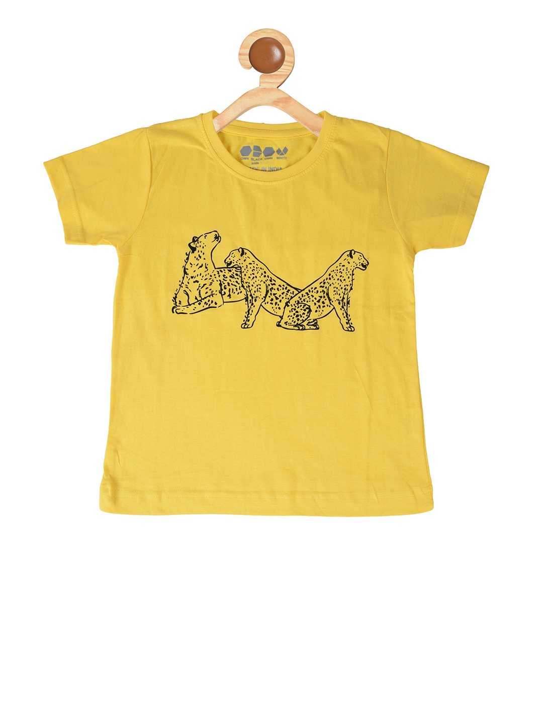 

OBOW Boys Yellow Black Printed Round Neck Pure Cotton T-shirt