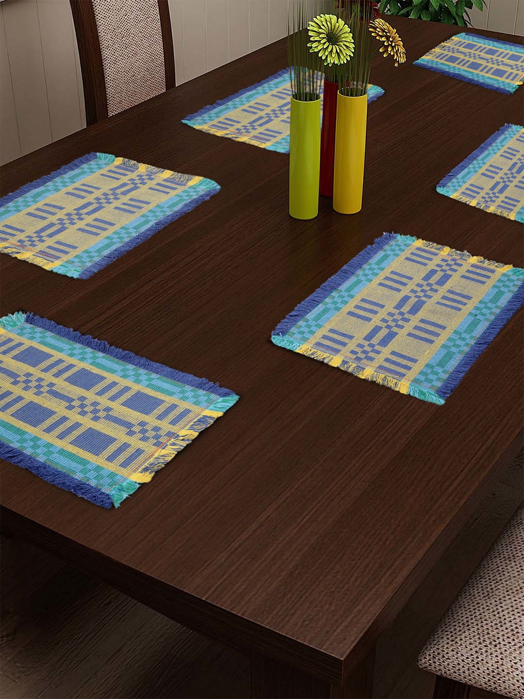 

KLOTTHE Blue & Mustard Yellow Set of 6 Checked Table Placemats